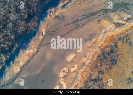 Detailed perspective of a parched riverbed next to a dry woodland. The cracked mud and receding water illustrate a severe ecological crisis and water shortage in the wild, ideal for environmental and climate change stories. Stock Photo