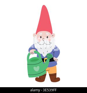 Cute cartoon garden gnome with a watering can. Hand-drawn. Vector illustration, isolated on a white background.  Stock Vector