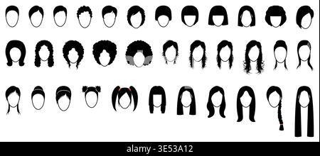 Black and white front view hair silhouette set showing different hairstyles as clean solid shapes, minimal vector collection isolated on dark background, perfect icons UI apps, branding visual systems Stock Vector