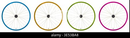 A set of four bicycle wheels arranged horizontally each with a colored rim in blue yellow green and pink. Detailed spokes radiating from central hubs. Stock Vector