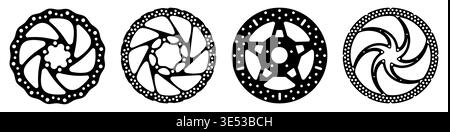 Black and white isolated vector illustration of four bicycle disc brake rotors with unique cutout and spoke patterns. Suitable for cycling graphics ca Stock Vector