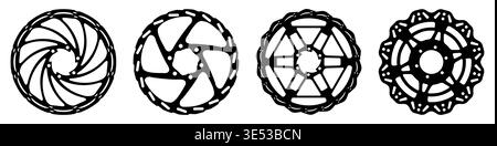 Black and white isolated vector illustration of four bicycle disc brake rotors with unique cutout and spoke patterns. Suitable for cycling graphics ca Stock Vector