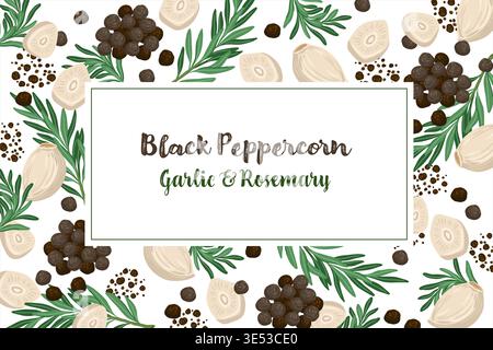 Rosemary and garlic clove card background. Rectangular vector hand drawn illustration for cafe menu and restaurant template. Italian food cartoon black peppercorn drawing for product packaging design. Stock Vector