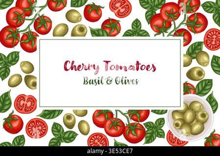 Tomato Cherry and olive fruits card background. Rectangular vector hand drawn illustration for cafe menu and restaurant template. Italian food cartoon basil leaf drawing for product packaging design. Stock Vector