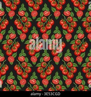 Tomato cherry branch and basil leaf vector seamless pattern. Hand drawn vegetable rhomb on black background. Organic food for restaurant menu design. Natural kitchen print for wallpaper and textile. Stock Vector
