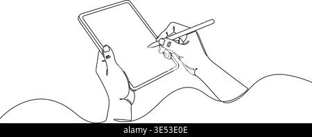Hands meticulously use a digital stylus to create a vector illustration on a modern tablet screen, embodying digital creativity. Stock Vector