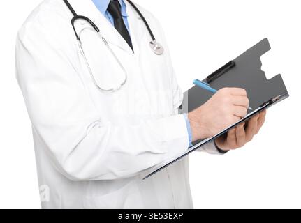 Midsection of a professional doctor in a white coat with a stethoscope writing medical notes on a clipboard, isolated on a white background. High qual Stock Photo