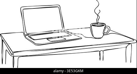 A laptop and steaming coffee mug on a desk, presented as a stylish continuous line vector graphic illustration. Stock Vector