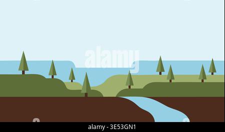 Minimalist flat design vector illustration depicts a serene natural landscape with green hills, a winding river, and a simple sun. Stock Vector