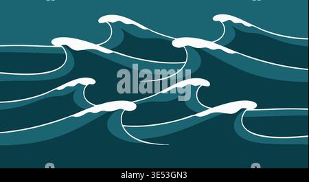 Minimalist vector graphic showing gentle ocean waves with foamy crests rolling onto a simple, light-colored beach. Stock Vector