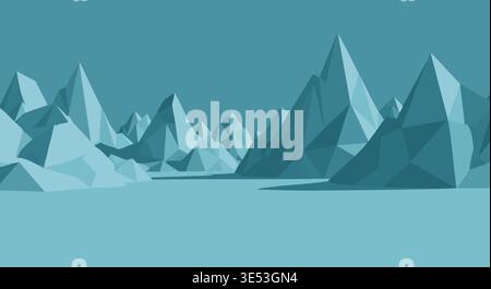 Low-poly vector illustration features sharp blue geometric mountains rising above a flat foreground plane. Stock Vector