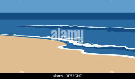Minimalist vector illustration depicts tranquil ocean waves washing onto a sandy beach under a clear blue sky, evoking serenity. Stock Vector