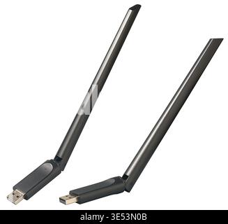 black usb wifi adapters with long adjustable external antennas isolated white background, taken in different angles Stock Photo