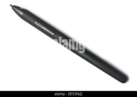 black digital stylus pen for graphics tablet isolated white background, matte plastic finish with pressure-sensitive tip and side toggle, top view Stock Photo