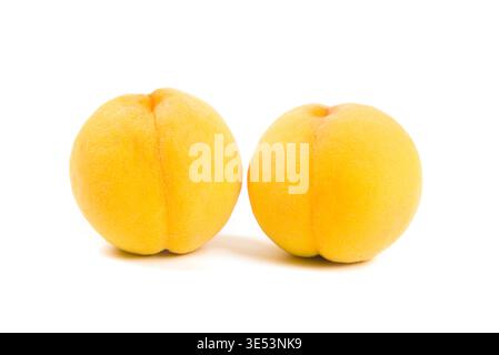 Two ripe apricots standing on a white background, representing healthy eating Stock Photo