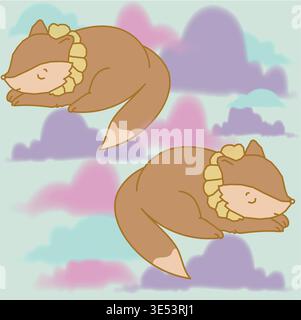 Cute Baby Squirrel Seamless Pattern — Sleeping Animals on Pastel Clouds, Nursery Fabric Design Stock Vector