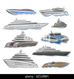 Vector Yacht and Boats set, collection of 9 cut out different cartoon fishing boat and small yachts, nine front and side view nautical artworks, vario Stock Vector