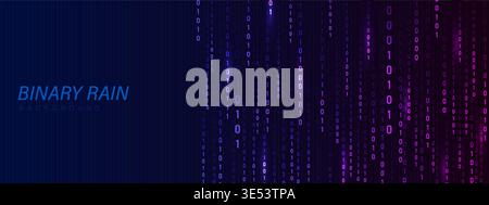 Binary Rain background. Dynamic hacker code with falling numbers. Neon futuristic cyberspace. Vector illustration Stock Vector