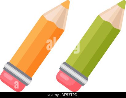 Two colored pencils on white background, playful flat illustration showing orange and green wooden pencils Stock Vector