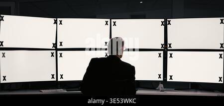 Surveillance, back or person in office with computer screen, security monitor or footage with tracking markers. CCTV, mockup or risk analyst with tech Stock Photo