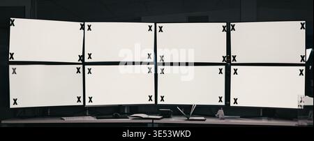 Mockup, monitor and security with computer screen in office for safety or surveillance footage. Blank space, protection and service with empty display Stock Photo