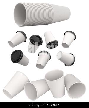 Set of disposable paper cups placed in rows, isolated on white background, concept of party supplies Stock Photo
