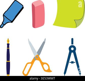 A colorful illustration set featuring common stationery and office tools Stock Vector