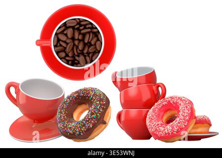 Assortment of coffee cups in various colors with frosted donuts, isolated on white background, concept of sweet breakfast treat Stock Photo