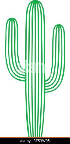 Minimal illustration of a tall upright saguaro cactus with two side arms and vertical ribbed lines. Stock Vector