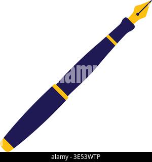 Simple illustration of a dark blue fountain pen shown diagonally with a gold nib and gold accent bands. Stock Vector