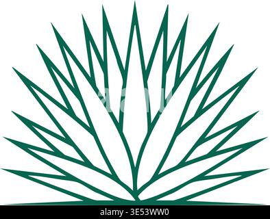 Linear illustration of a wide agave plant with many long pointed leaves spreading outward from the base in a symmetrical form. Stock Vector