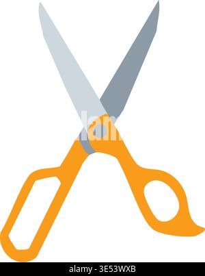 Simple illustration of open scissors with orange handles and silver blades crossing at the center pivot. Stock Vector