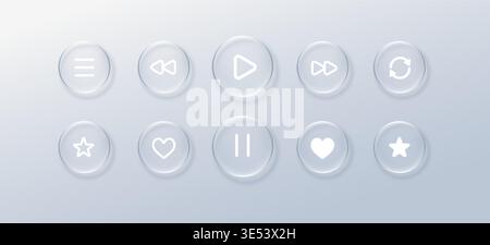 Glass play liquid with button glassmorphism bubble for player effect music. Icon ui tech with glass text star for label hud morphism. Glossy card Stock Vector