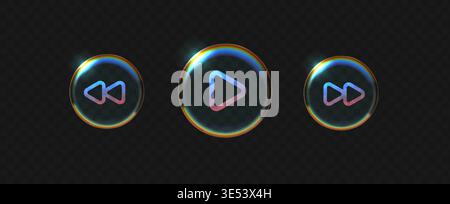 Glass button frame with play liquid ios and player holographic 3d. Effect music abstract with white glass blur and green ui shape. Light background Stock Vector