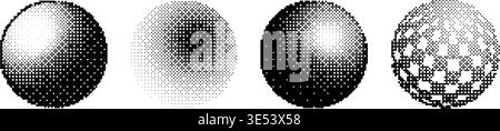 Pixel sphere shape set. Bitmap 3D globe form collection. Dither circle element pack for graphic design, banner, poster, leaflet. Rasterized effect halftone ball pack. Vector trend Y2K geometric bundle Stock Vector