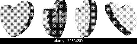 Bitmap halftone heart collection. Dither 3d rasterized rotating hearts set. Pixelated heart-shaped design elements for sticker, collage, banner, poster, leaflet. Retro Y2K 8 bit effect bundle. Vector Stock Vector