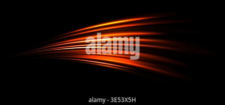 Red light trail element. Glowing neon speed line wave. Hot fire color luminous curved path concept. Abstract bent dynamic motion stripes. Bright fiery streaks for poster, banner, flyer. Vector Stock Vector