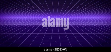 Purple glow neon wireframe background. Dark shining checkered grid floor plane in perspective. Bright retro futuristic horizon wallpaper. Arcade game sci fi matrix landscape surface. Vector backdrop Stock Vector