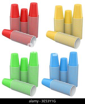 Set of colorful plastic cups isolated on white background, concept of party supplies Stock Photo