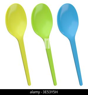 Set of plastic spoons displayed side by side, isolated on white background, concept of kitchenware and disposable utensils Stock Photo