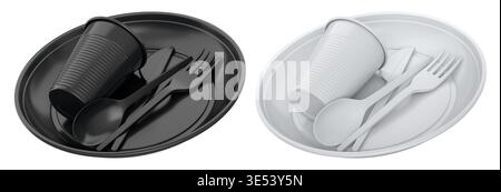 Set of colorful plastic tableware sets with plates, cups, and matching cutlery isolated on white background, Stock Photo