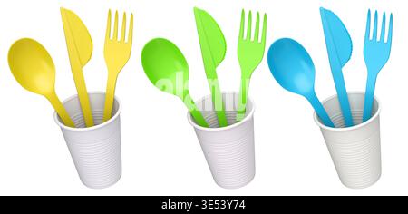 Set of plastic spoon, knife, and fork sets placed in plastic cups, isolated on white background, concept of disposable utensils Stock Photo
