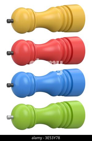 Set of colorful salt and pepper grinders isolated on a white background, concept of kitchen tools Stock Photo