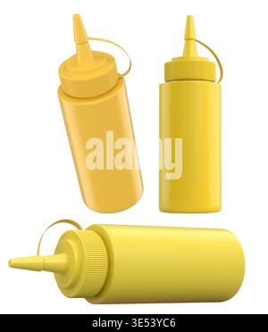 Set of plastic squeeze ketchup and mustard bottles with pointed cone caps lined up side by side isolated on white background Stock Photo