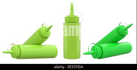 Set of plastic squeeze ketchup and mustard bottles with pointed cone caps lined up side by side isolated on white background Stock Photo