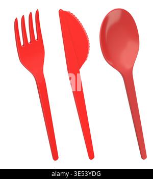 Set of plastic fork, knife, and spoon isolated on white background, representing disposable tableware concept Stock Photo