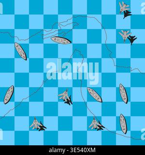 strategy game on chess board with warships and fighter jets and border line, no people. Stock Vector