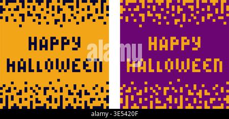 Variations Pixel Lettering Happy Halloween. Halloween Greetings Media Cover Minimalistic flat design. Vector illustration Halloween Greeting Thematic card or Media post template Banner, leaflet, label Stock Vector
