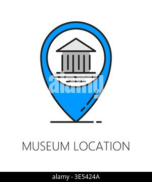 Museum or art gallery exhibition color line icon of location pin, vector pictogram. Museum exhibition and art gallery icon of location pin for visitors and tourist map or plan of exposition route Stock Vector