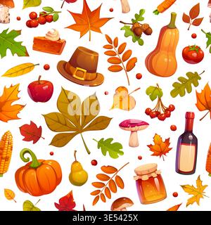 Thanksgiving autumn holiday seamless pattern. Cozy vector pattern with autumn leaves, mushrooms, pie, wine, honey, acorns, vegetables, berries, and fruits. Cartoon seamless design for fabric prints Stock Vector
